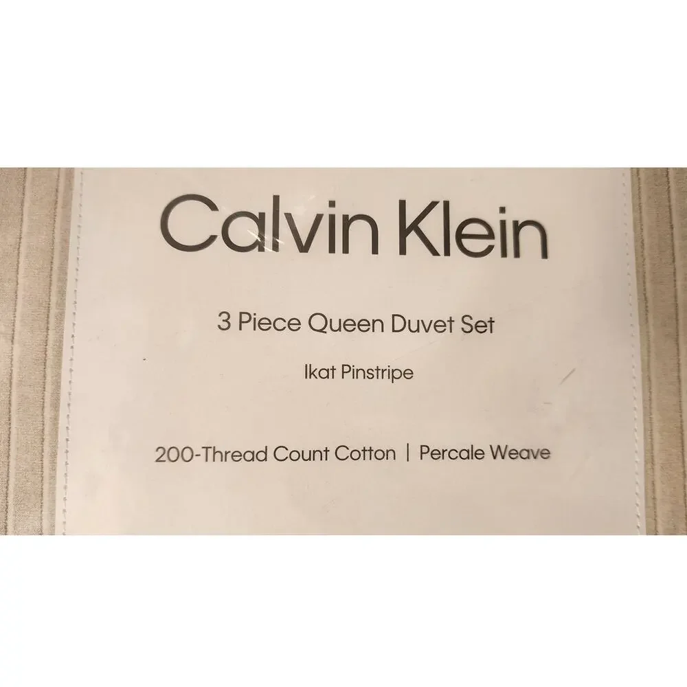 Calvin Klein Queen Duvet Cover Set 3 Pc Ikat Pinstripe 200 TC Percale Weave